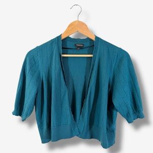 Torrid Pointelle Shrug Sweater Teal Cropped Cardigan Size 1X 14/16 Short Sleeve